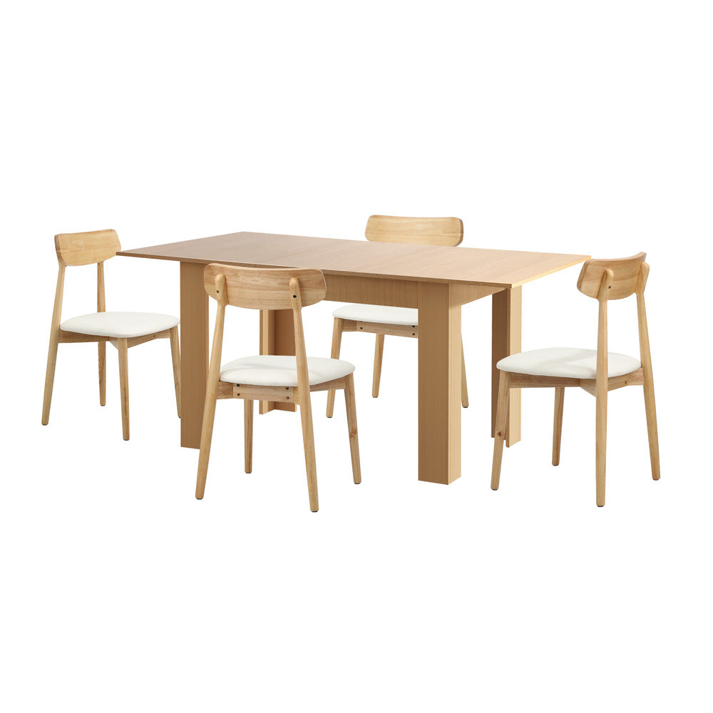 Oikiture 160cm Extendable Dining Table with 4x Dining Chairs PU Leather Natural-Dining Set-PEROZ Accessories