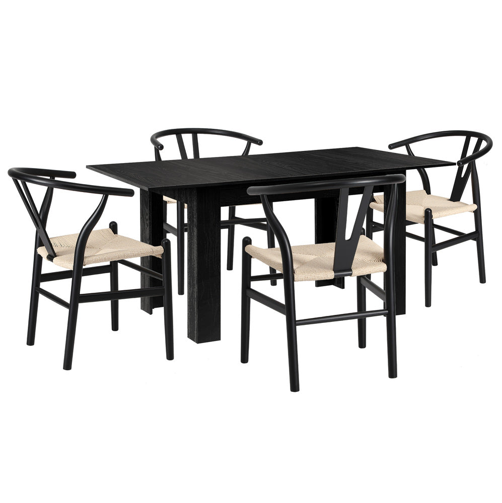 Oikiture 160cm Extendable Dining Table with 4x Hans Wegner Dining Chairs Black-Dining Set-PEROZ Accessories