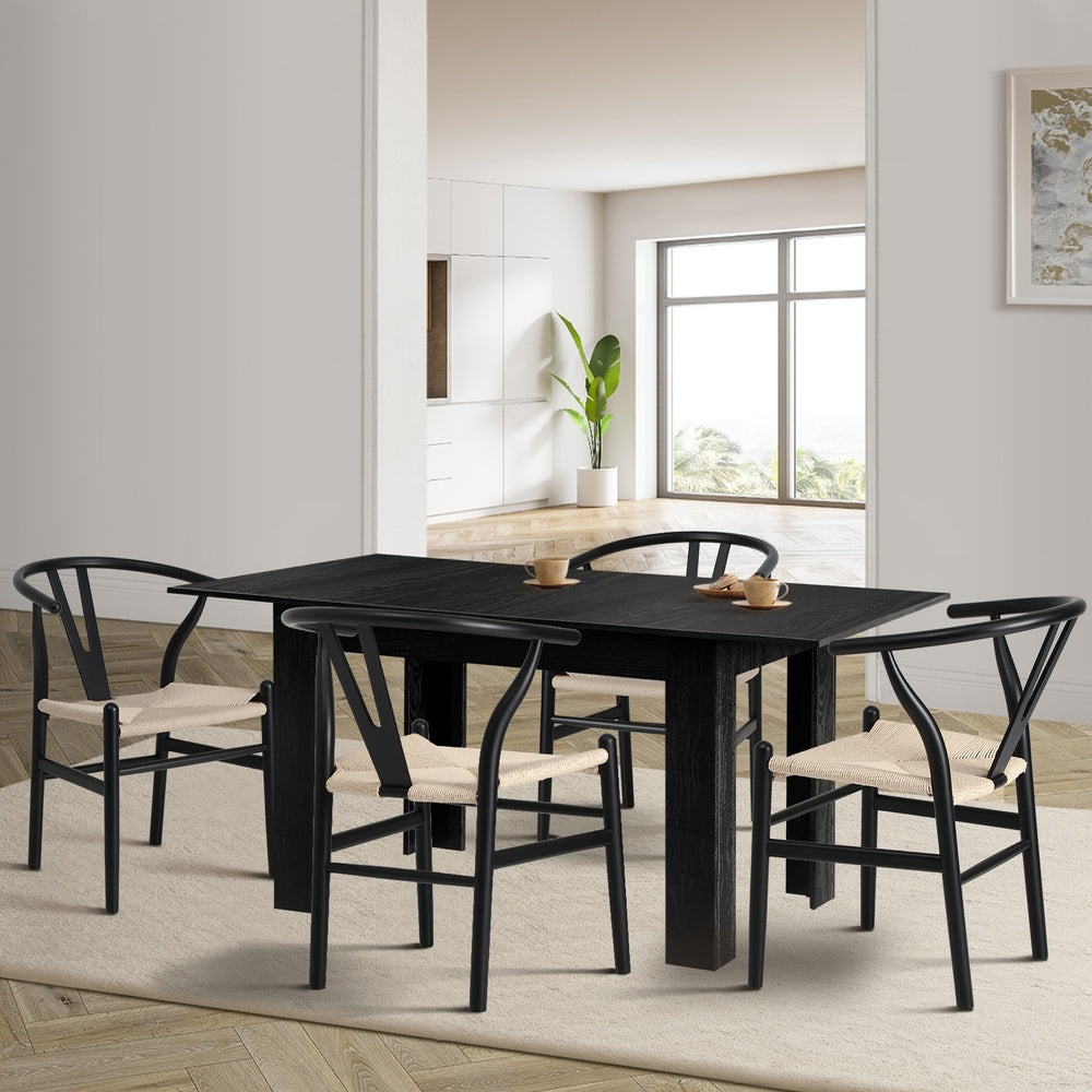 Oikiture 160cm Extendable Dining Table with 4x Hans Wegner Dining Chairs Black-Dining Set-PEROZ Accessories