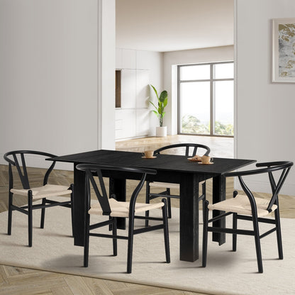 Oikiture 160cm Extendable Dining Table with 4x Hans Wegner Dining Chairs Black-Dining Set-PEROZ Accessories