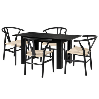 Oikiture 160cm Extendable Dining Table with 4x Hans Wegner Dining Chairs Black-Dining Set-PEROZ Accessories