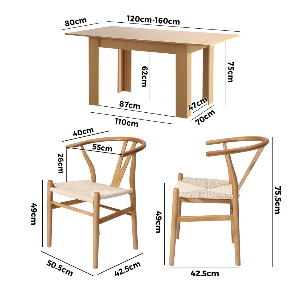 Oikiture 160cm Extendable Dining Table with 4x Hans Wegner Dining Chairs Natural-Dining Set-PEROZ Accessories