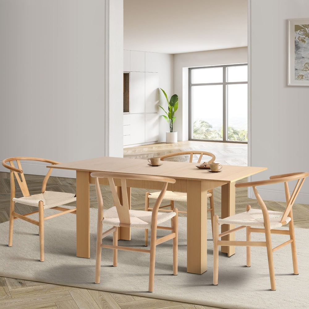 Oikiture 160cm Extendable Dining Table with 4x Hans Wegner Dining Chairs Natural-Dining Set-PEROZ Accessories