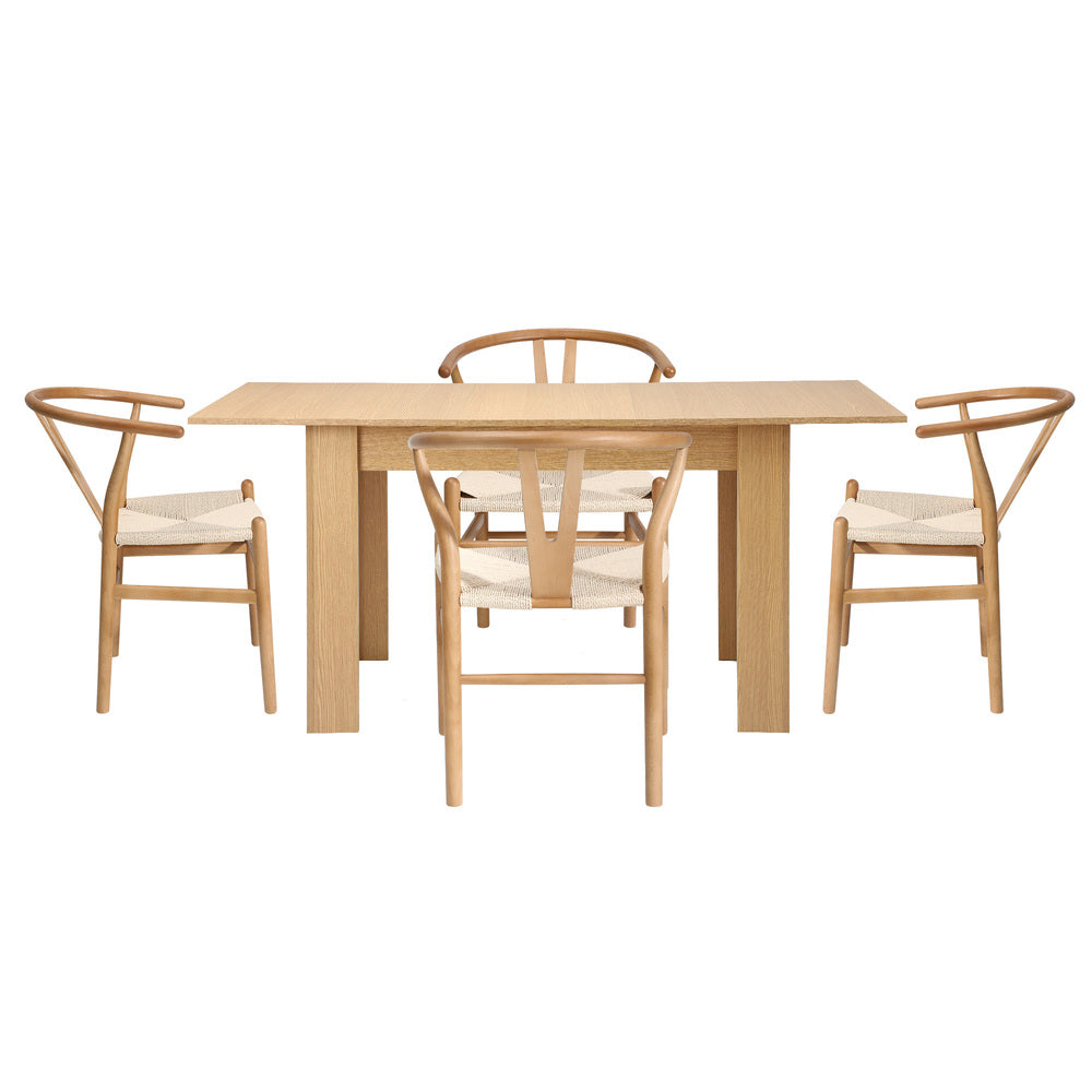 Oikiture 160cm Extendable Dining Table with 4x Hans Wegner Dining Chairs Natural-Dining Set-PEROZ Accessories
