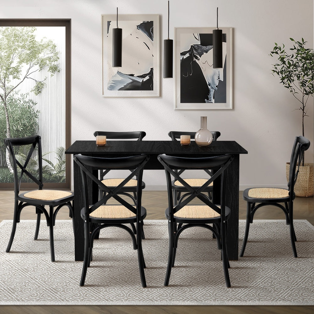 Oikiture 160cm Extendable Dining Table with 6PCS Dining Chairs Geometric Black-Dining Set-PEROZ Accessories