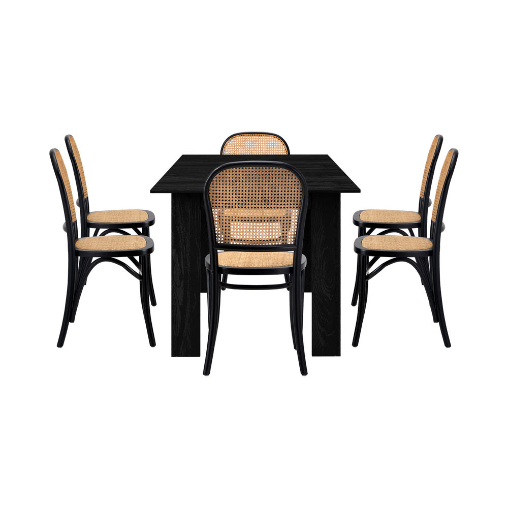 Oikiture 160cm Extendable Dining Table with 6PCS Dining Chairs Rattan Black-Dining Set-PEROZ Accessories
