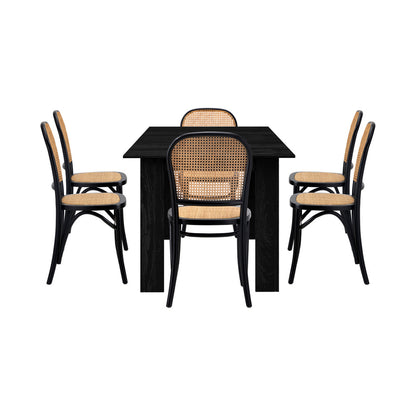 Oikiture 160cm Extendable Dining Table with 6PCS Dining Chairs Rattan Black-Dining Set-PEROZ Accessories
