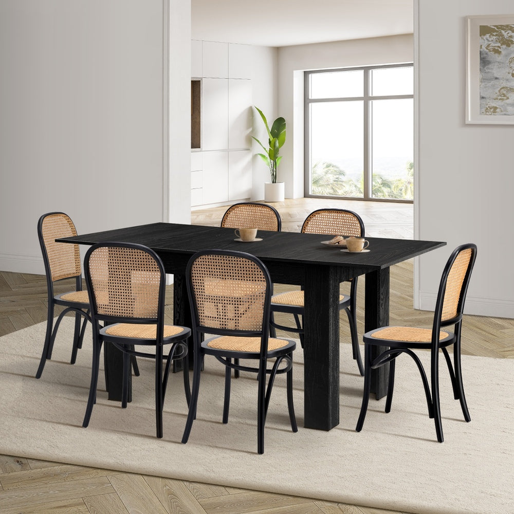 Oikiture 160cm Extendable Dining Table with 6PCS Dining Chairs Rattan Black-Dining Set-PEROZ Accessories