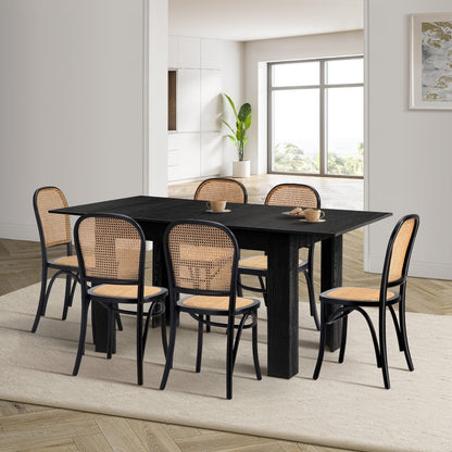 Oikiture 160cm Extendable Dining Table with 6PCS Dining Chairs Rattan Black-Dining Set-PEROZ Accessories