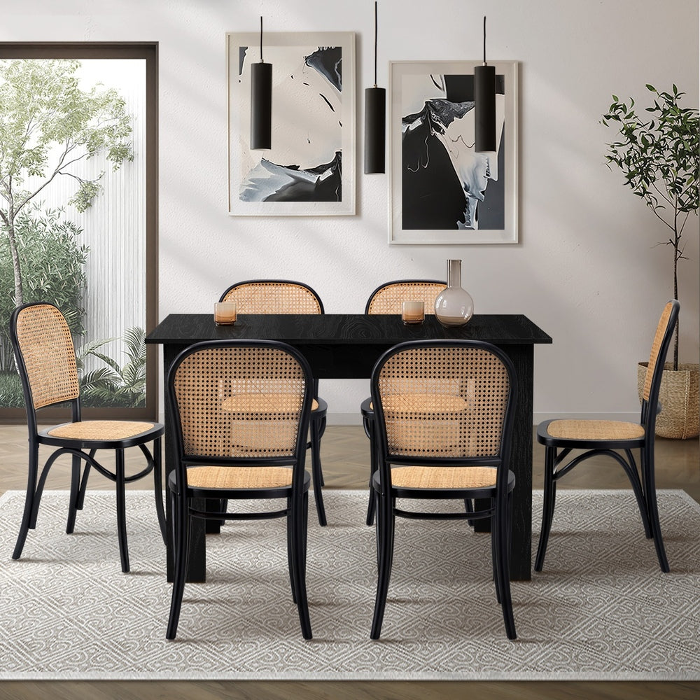 Oikiture 160cm Extendable Dining Table with 6PCS Dining Chairs Rattan Black-Dining Set-PEROZ Accessories