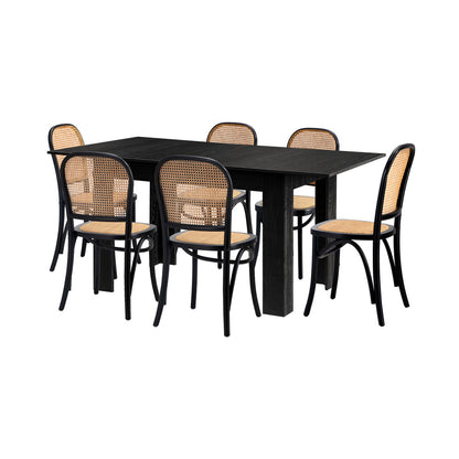 Oikiture 160cm Extendable Dining Table with 6PCS Dining Chairs Rattan Black-Dining Set-PEROZ Accessories