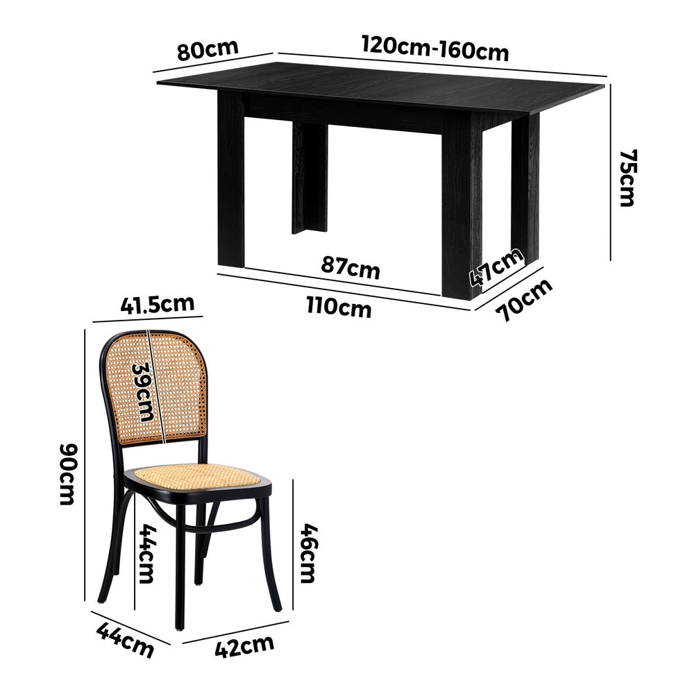 Oikiture 160cm Extendable Dining Table with 6PCS Dining Chairs Rattan Black-Dining Set-PEROZ Accessories