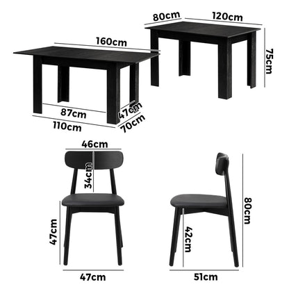 Oikiture 160cm Extendable Dining Table with 6x Dining Chairs PU Leather Black-Dining Sets-PEROZ Accessories