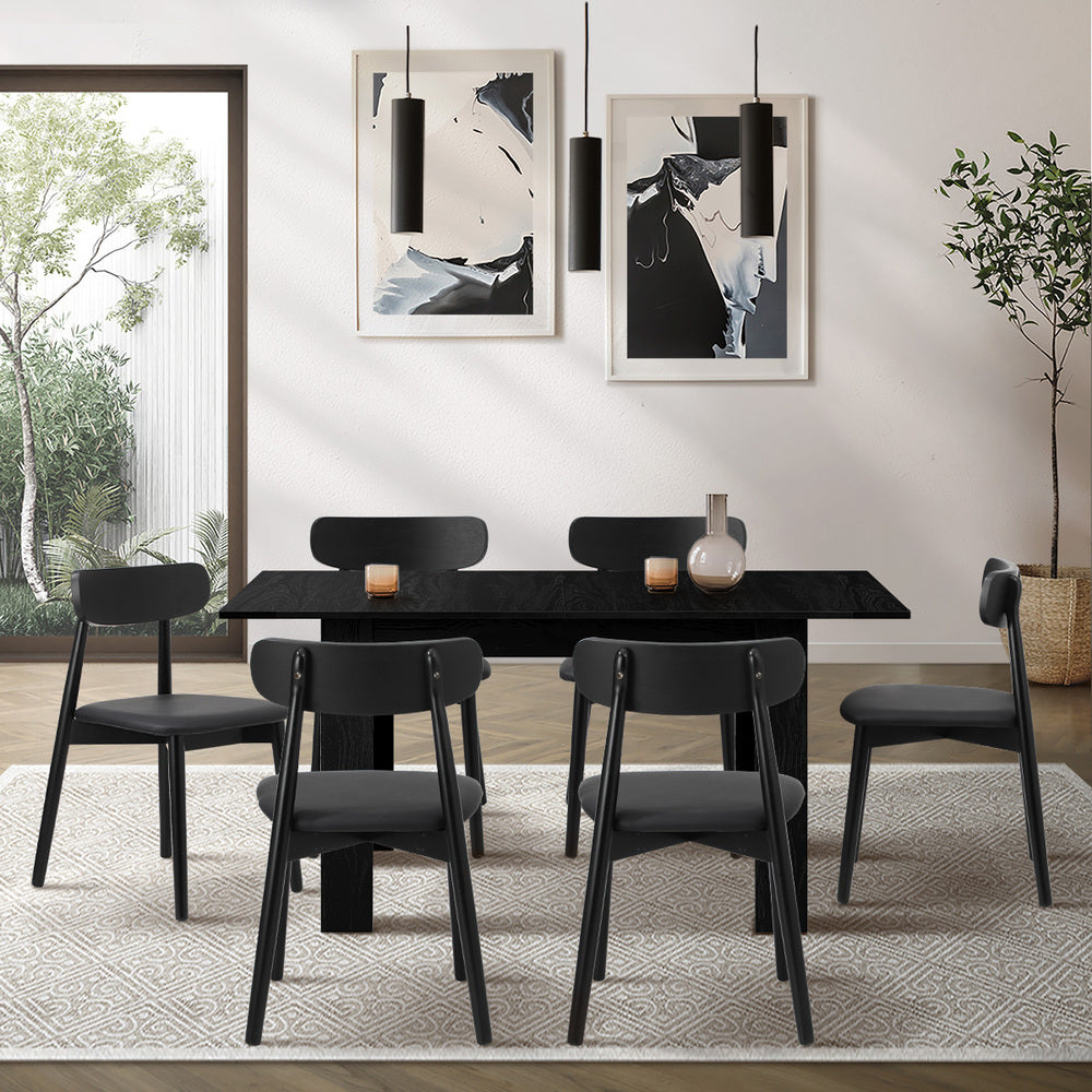 Oikiture 160cm Extendable Dining Table with 6x Dining Chairs PU Leather Black-Dining Sets-PEROZ Accessories