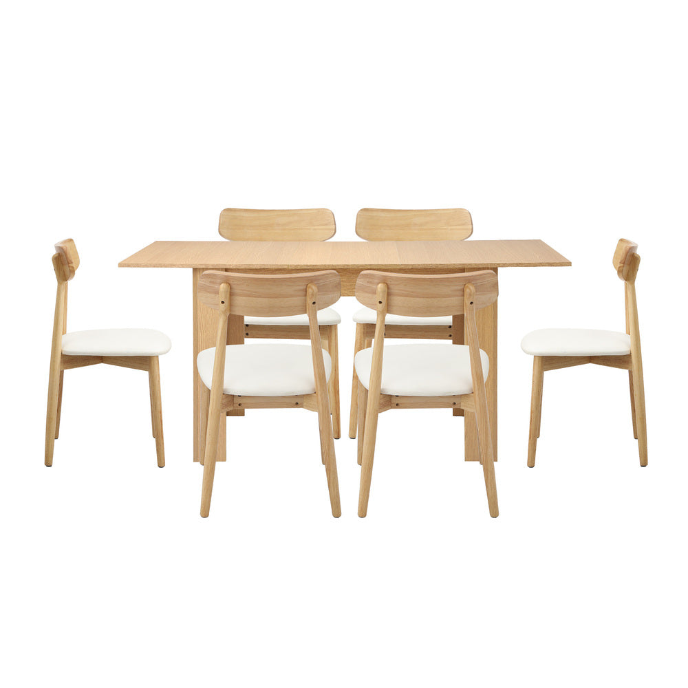 Oikiture 160cm Extendable Dining Table with 6x Dining Chairs PU Leather Natural-Dining Set-PEROZ Accessories