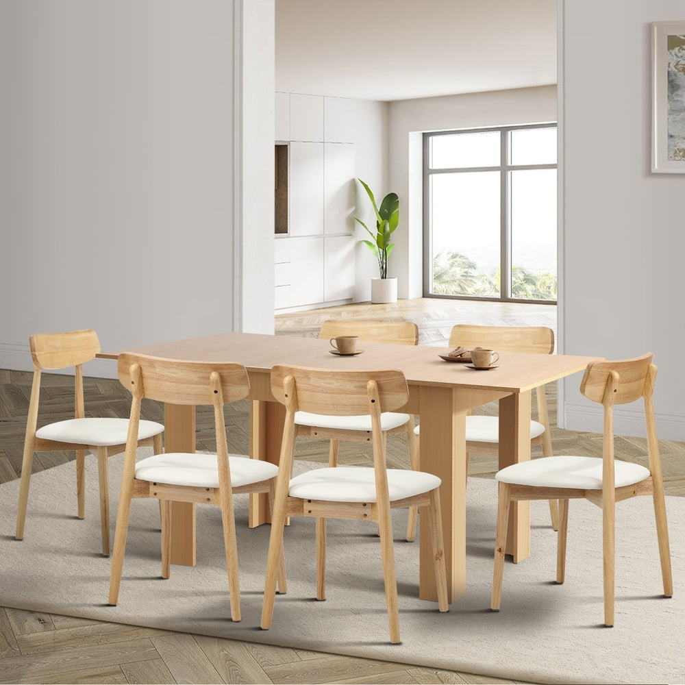 Oikiture 160cm Extendable Dining Table with 6x Dining Chairs PU Leather Natural-Dining Set-PEROZ Accessories