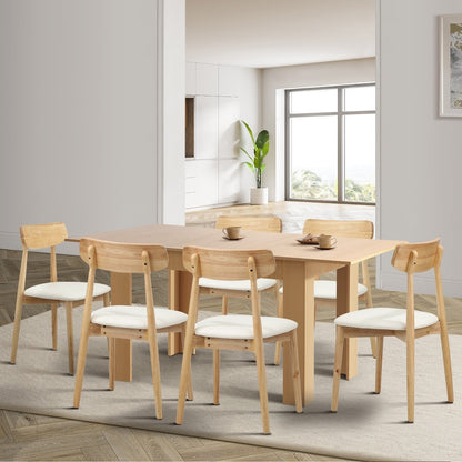 Oikiture 160cm Extendable Dining Table with 6x Dining Chairs PU Leather Natural-Dining Set-PEROZ Accessories