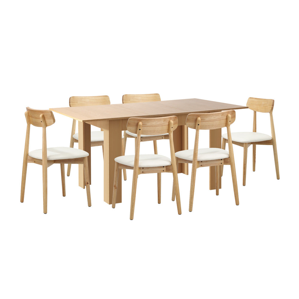 Oikiture 160cm Extendable Dining Table with 6x Dining Chairs PU Leather Natural-Dining Set-PEROZ Accessories