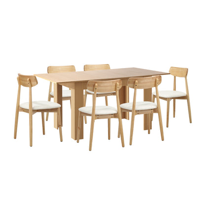 Oikiture 160cm Extendable Dining Table with 6x Dining Chairs PU Leather Natural-Dining Set-PEROZ Accessories