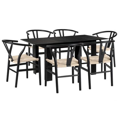 Oikiture 160cm Extendable Dining Table with 6x Hans Wegner Dining Chairs Black-Dining Set-PEROZ Accessories
