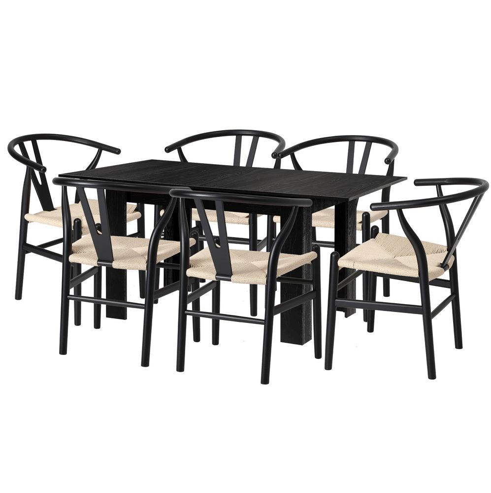 Oikiture 160cm Extendable Dining Table with 6x Hans Wegner Dining Chairs Black-Dining Set-PEROZ Accessories