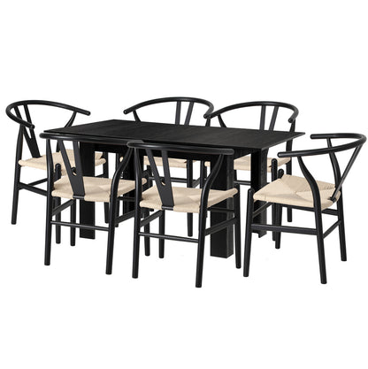 Oikiture 160cm Extendable Dining Table with 6x Hans Wegner Dining Chairs Black-Dining Set-PEROZ Accessories
