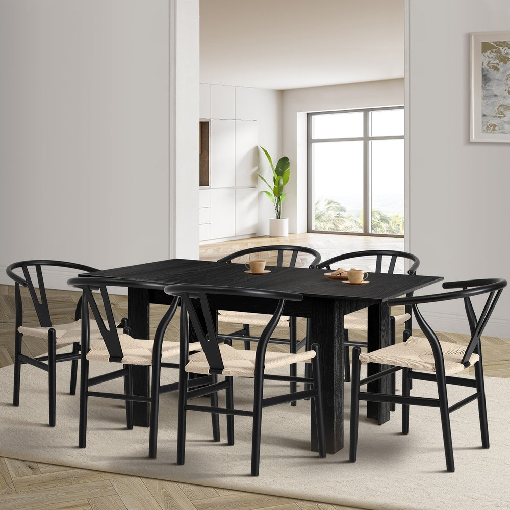 Oikiture 160cm Extendable Dining Table with 6x Hans Wegner Dining Chairs Black-Dining Set-PEROZ Accessories