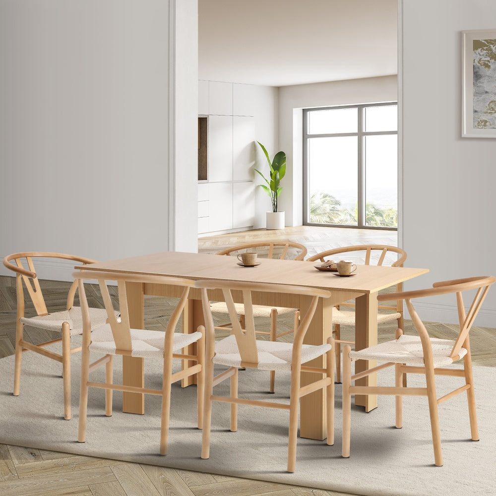 Oikiture 160cm Extendable Dining Table with 6x Hans Wegner Dining Chairs Natural-Dining Set-PEROZ Accessories