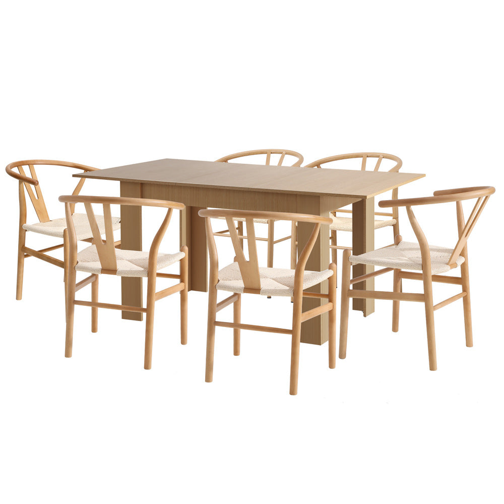Oikiture 160cm Extendable Dining Table with 6x Hans Wegner Dining Chairs Natural-Dining Set-PEROZ Accessories