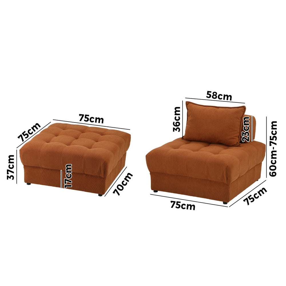 Oikiture 2 Seater Velvet Modular Sofa &amp; Ottoman Set with Backrest Brown-Armchair-PEROZ Accessories