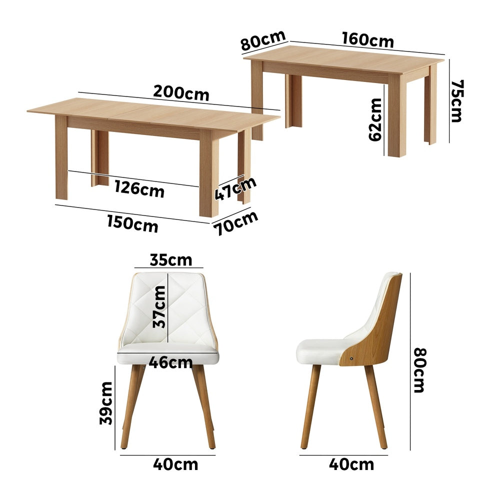 Oikiture 200cm Extendable Dining Table with 6PCS Dining Chairs PU Leather White-Dining Sets-PEROZ Accessories