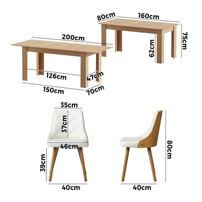 Oikiture 200cm Extendable Dining Table with 6PCS Dining Chairs PU Leather White-Dining Sets-PEROZ Accessories