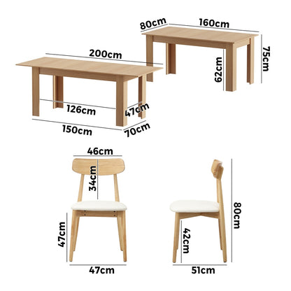 Oikiture 200cm Extendable Dining Table with 6x Dining Chairs PU Leather Natural-Dining Sets-PEROZ Accessories