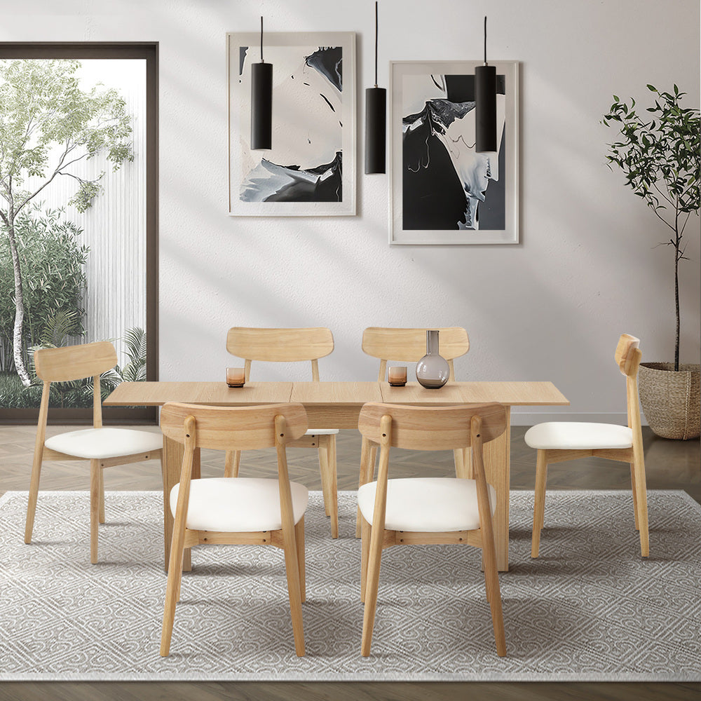 Oikiture 200cm Extendable Dining Table with 6x Dining Chairs PU Leather Natural-Dining Sets-PEROZ Accessories