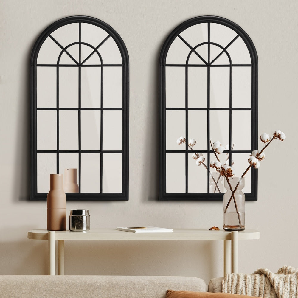 Oikiture 2PC Window Mirror Arched 76x51cm Wooden Black-Wall Mirror-PEROZ Accessories