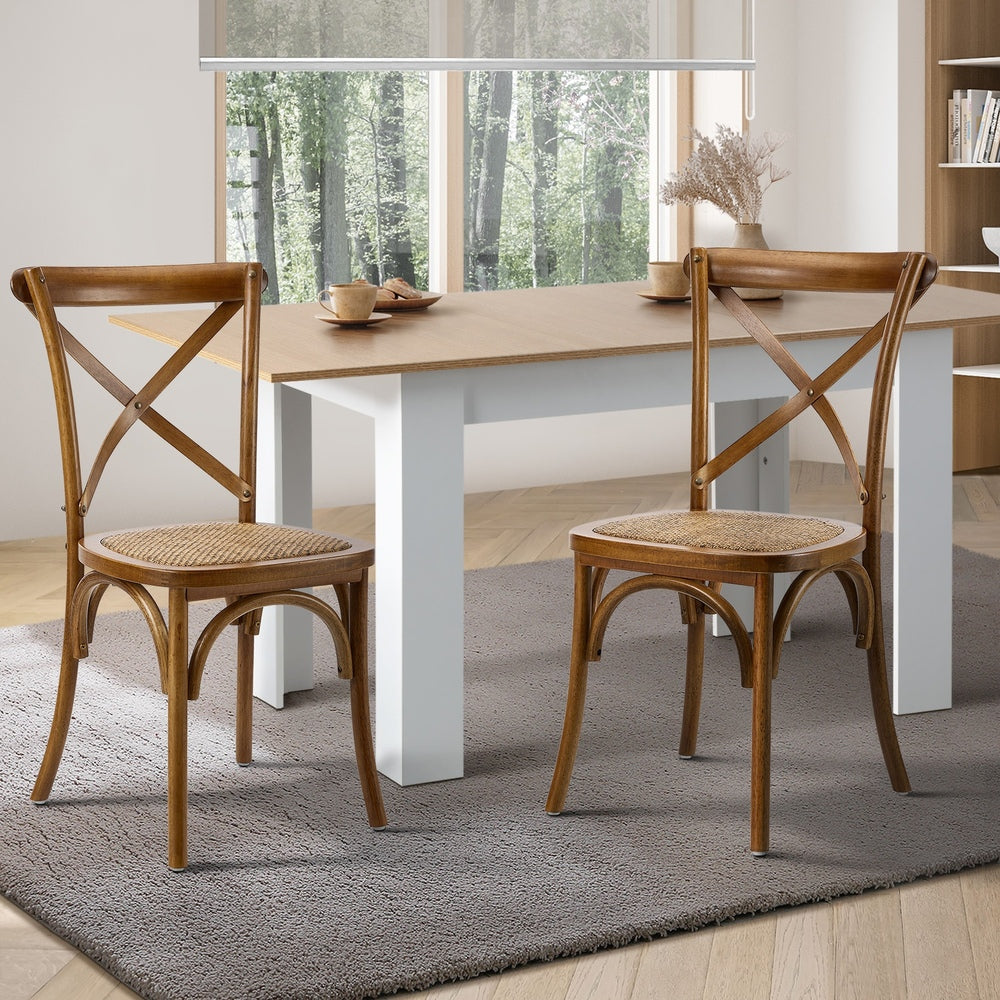 Oikiture 2PCS Crossback Wooden Dining Chair Rattan Seat Walnut-Dining Chairs-PEROZ Accessories