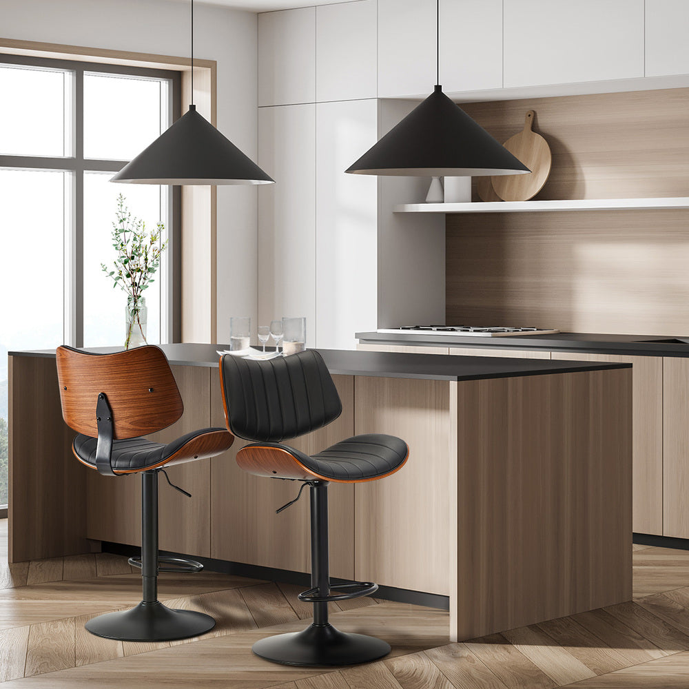 Oikiture 2x Bar Stool Kitchen Swivel Chair Wooden Leather Gas Lift Black-Bar Stool-PEROZ Accessories