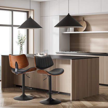 Oikiture 2x Bar Stool Kitchen Swivel Chair Wooden Leather Gas Lift Black-Bar Stool-PEROZ Accessories