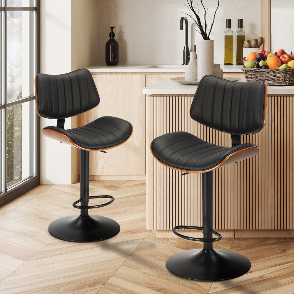 Oikiture 2x Bar Stool Kitchen Swivel Chair Wooden Leather Gas Lift Black-Bar Stool-PEROZ Accessories