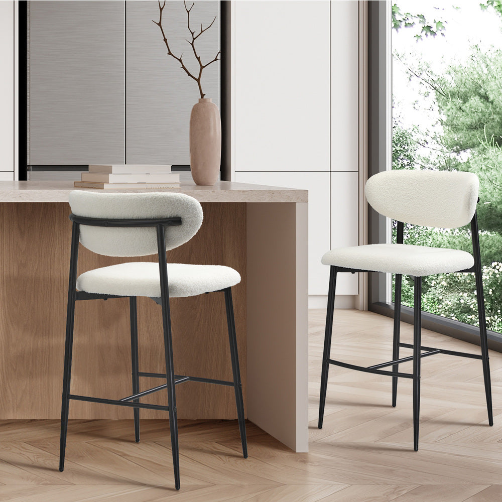 Oikiture 2x Bar Stools Boucle Fabric Black and White-Bar Stool-PEROZ Accessories