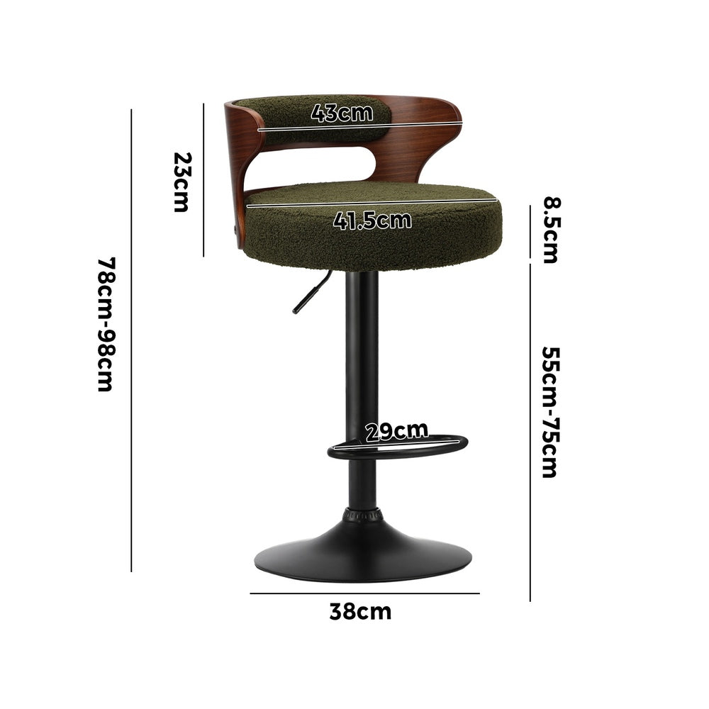 Oikiture 2x Bar Stools Gas Lift Swivel Chairs Wooden Boucle Green-Bar Stool-PEROZ Accessories