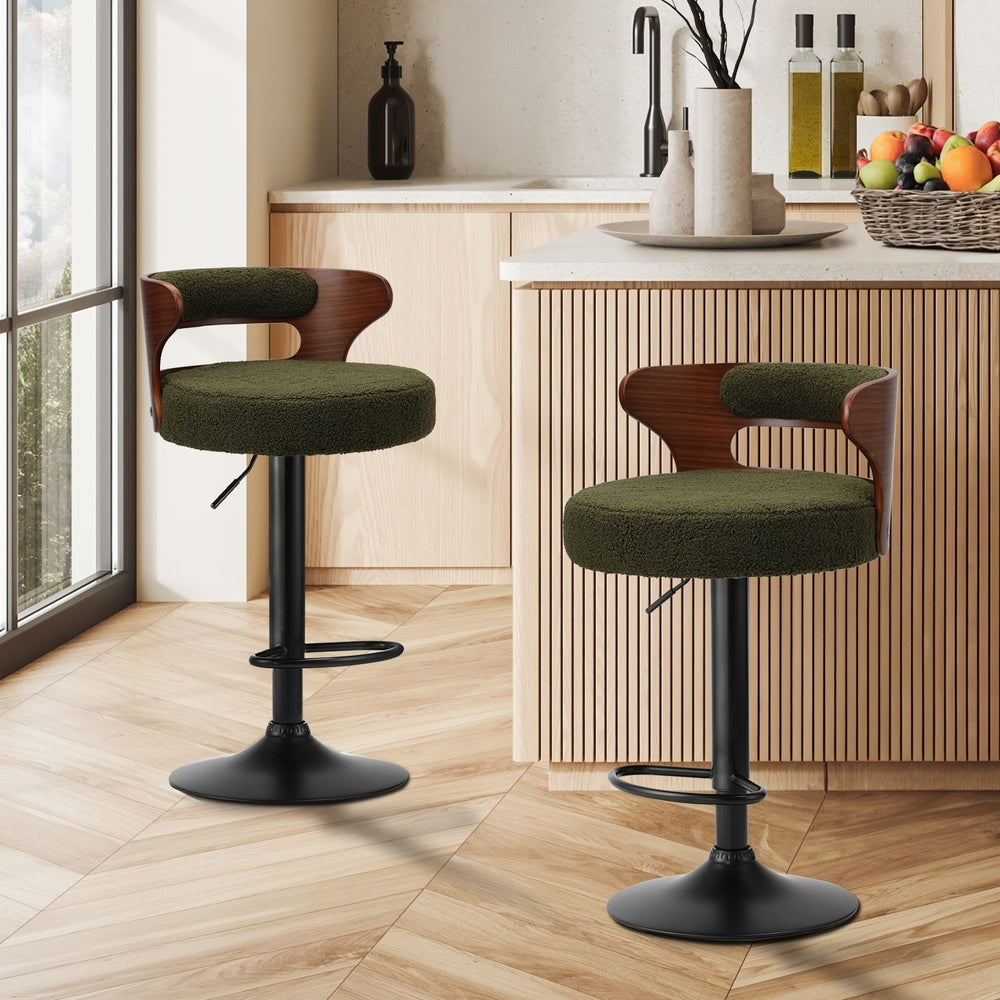 Oikiture 2x Bar Stools Gas Lift Swivel Chairs Wooden Boucle Green-Bar Stool-PEROZ Accessories