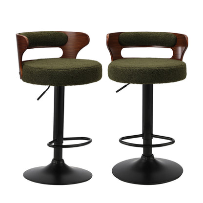 Oikiture 2x Bar Stools Gas Lift Swivel Chairs Wooden Boucle Green-Bar Stool-PEROZ Accessories