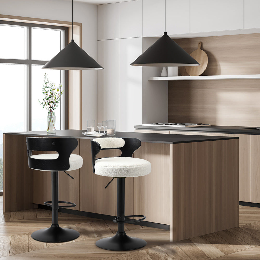 Oikiture 2x Bar Stools Gas Lift Swivel Chairs Wooden Boucle White-Bar Stool-PEROZ Accessories