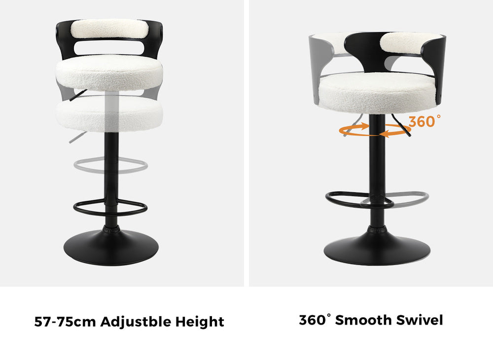 Oikiture 2x Bar Stools Gas Lift Swivel Chairs Wooden Boucle White-Bar Stool-PEROZ Accessories