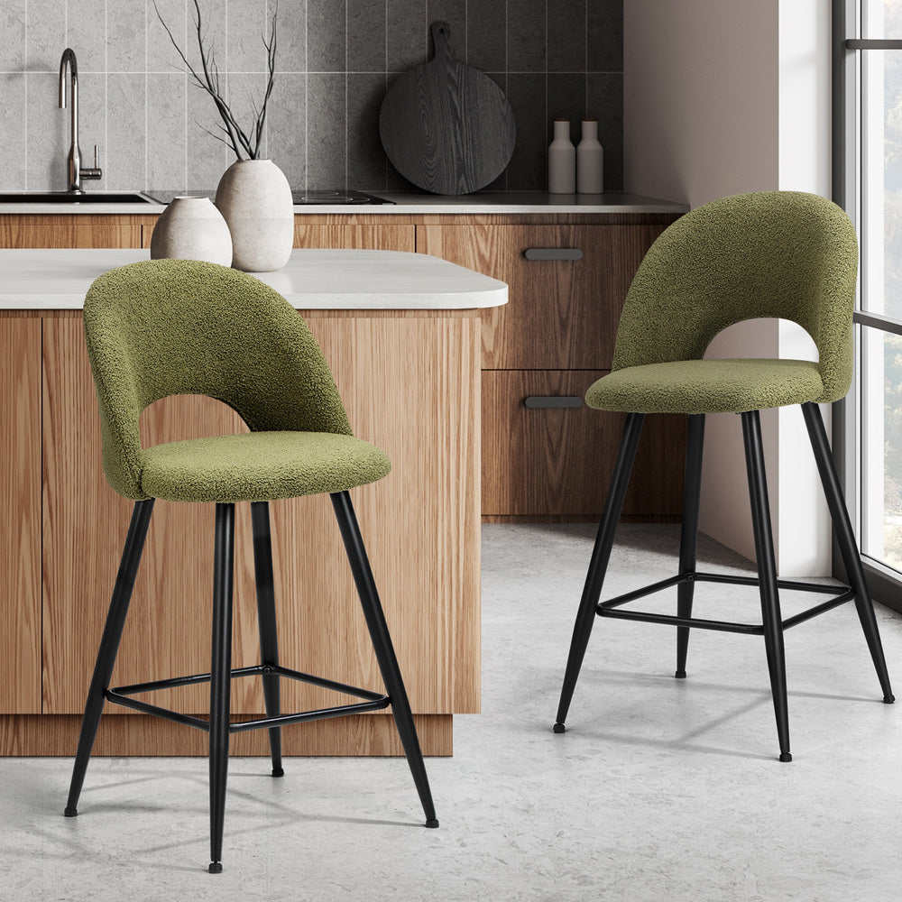 Oikiture 2x Bar Stools Kitchen Counter Stool Boucle Green HORN-Bar Stool-PEROZ Accessories