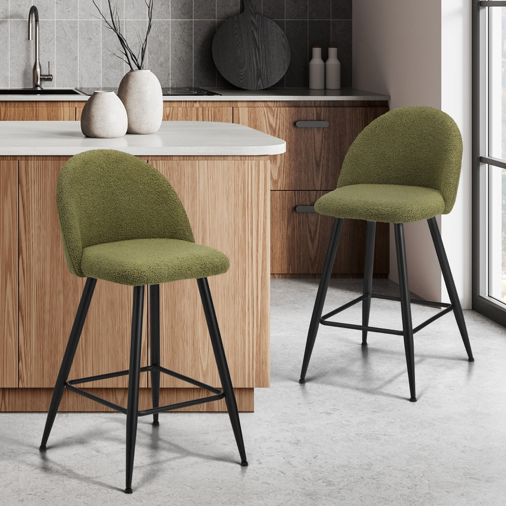 Oikiture 2x Bar Stools Kitchen Counter Stool Green Boucle Padded-Bar Stool-PEROZ Accessories