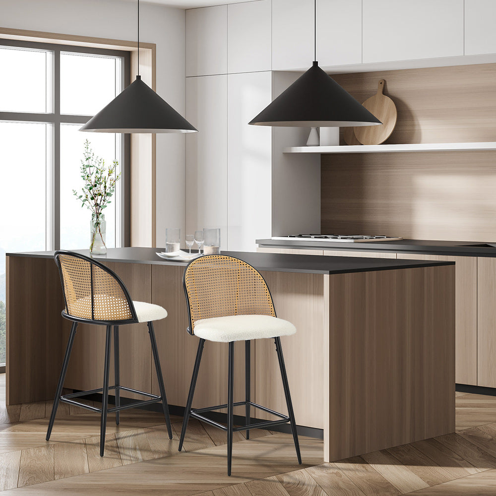 Oikiture 2x Bar Stools Kitchen Counter Stool Rattan Boucle Fabric-Bar Stool-PEROZ Accessories