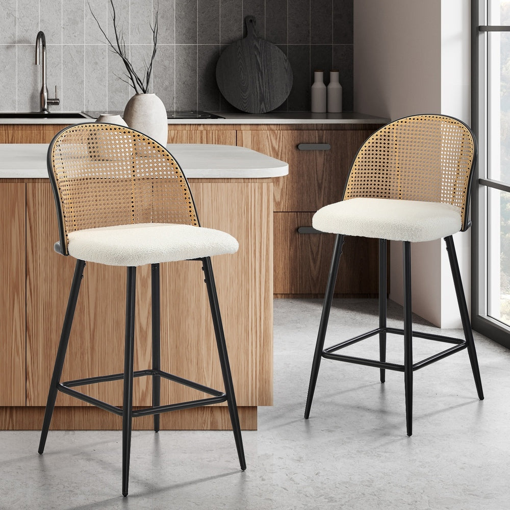 Oikiture 2x Bar Stools Kitchen Counter Stool Rattan Boucle Fabric-Bar Stool-PEROZ Accessories