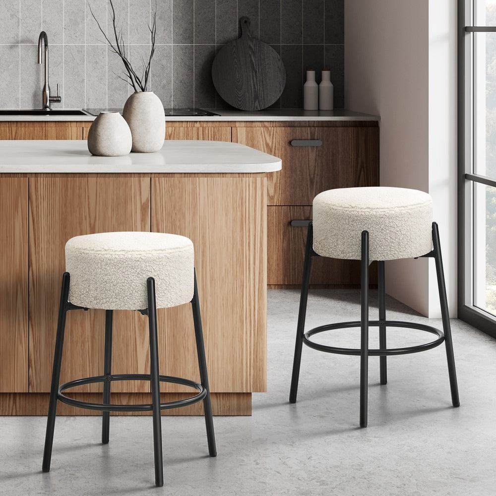 Oikiture 2x Bar Stools Kitchen Round Stool Boucle Fabric White-Bar Stool-PEROZ Accessories
